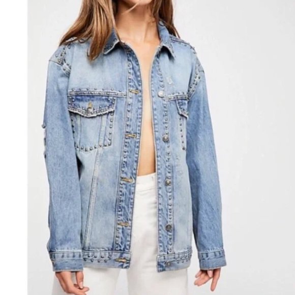 Free People Studded Distressed Trucker Jean Jacket